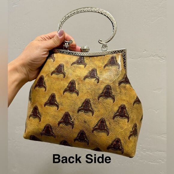 Longhorn Genuine Embossed Leather Vintage Style Top Handle Bag With Long Chain - Picture 9 of 16